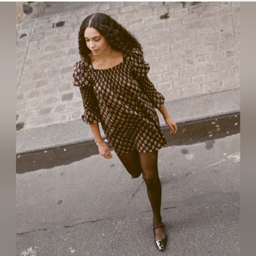 Doen Black Mini Dress with Gold Floral Motif